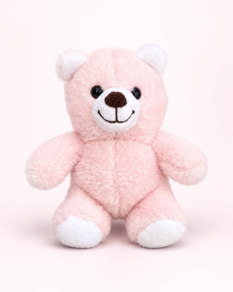 Pembe peluş ayıcık 25 cm tüylü beyaz detaylı