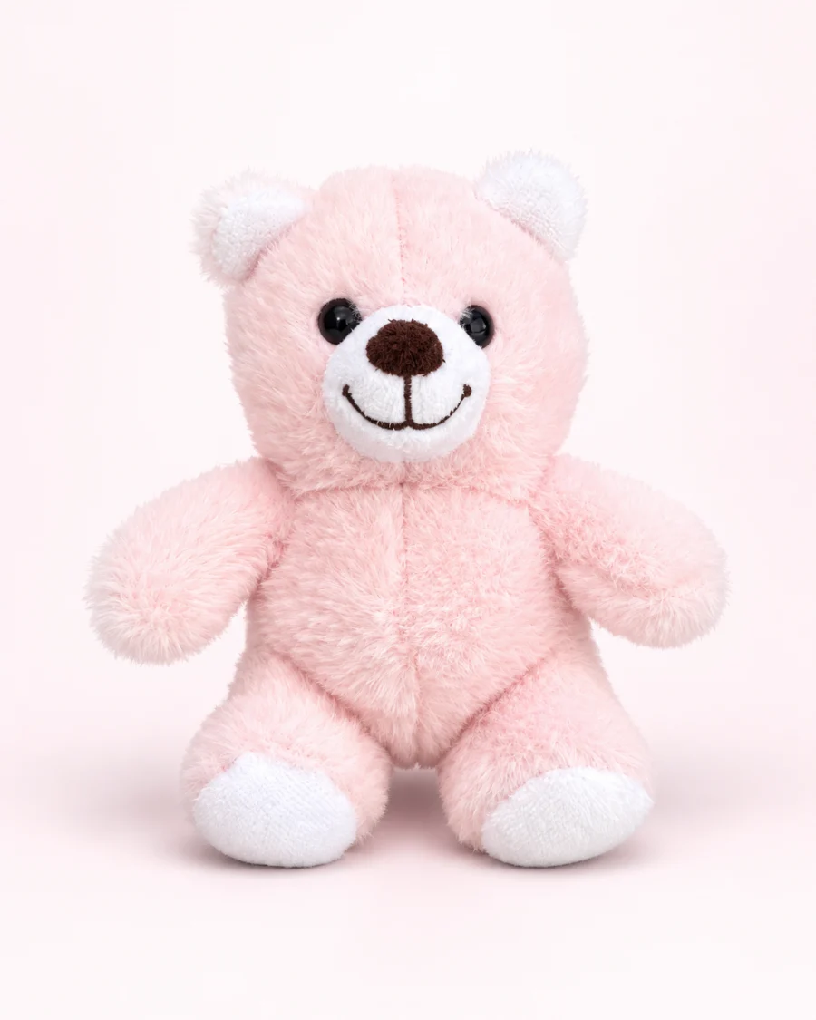 Pembe peluş ayıcık 25 cm tüylü beyaz detaylı