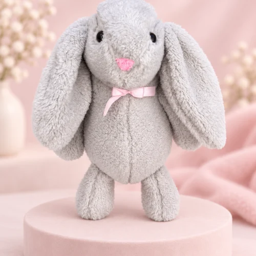 Gri peluş tavşan 45 cm uzun kulaklı pembe kurdeleli