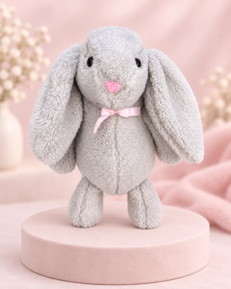Gri peluş tavşan 45 cm uzun kulaklı pembe kurdeleli