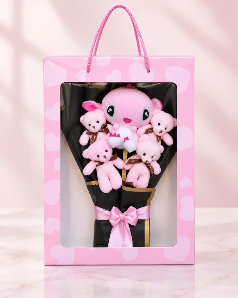 toptan peluş buket pembe ayıcıklı kutulu hediye