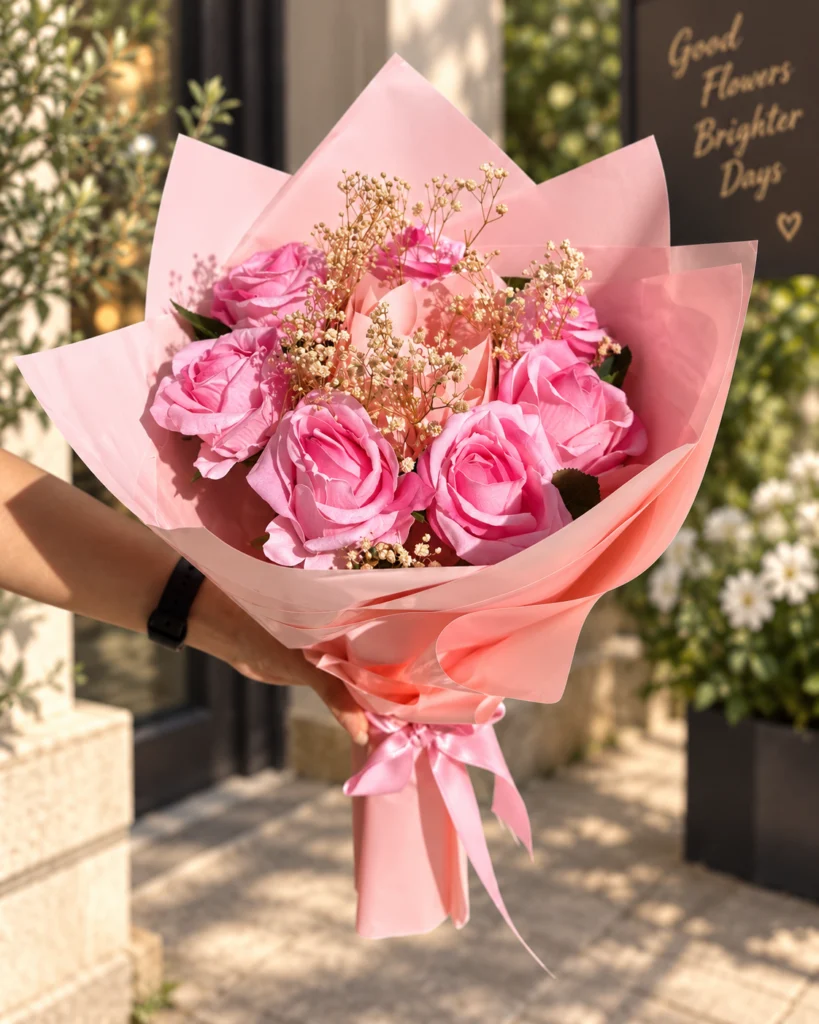 pembe 7 güllü buket doğal ortamda ön görünüm