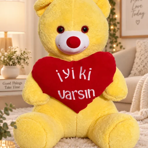 toptan sarı ayıcık 65 cm iyiki varsın kalpli önden görünüm