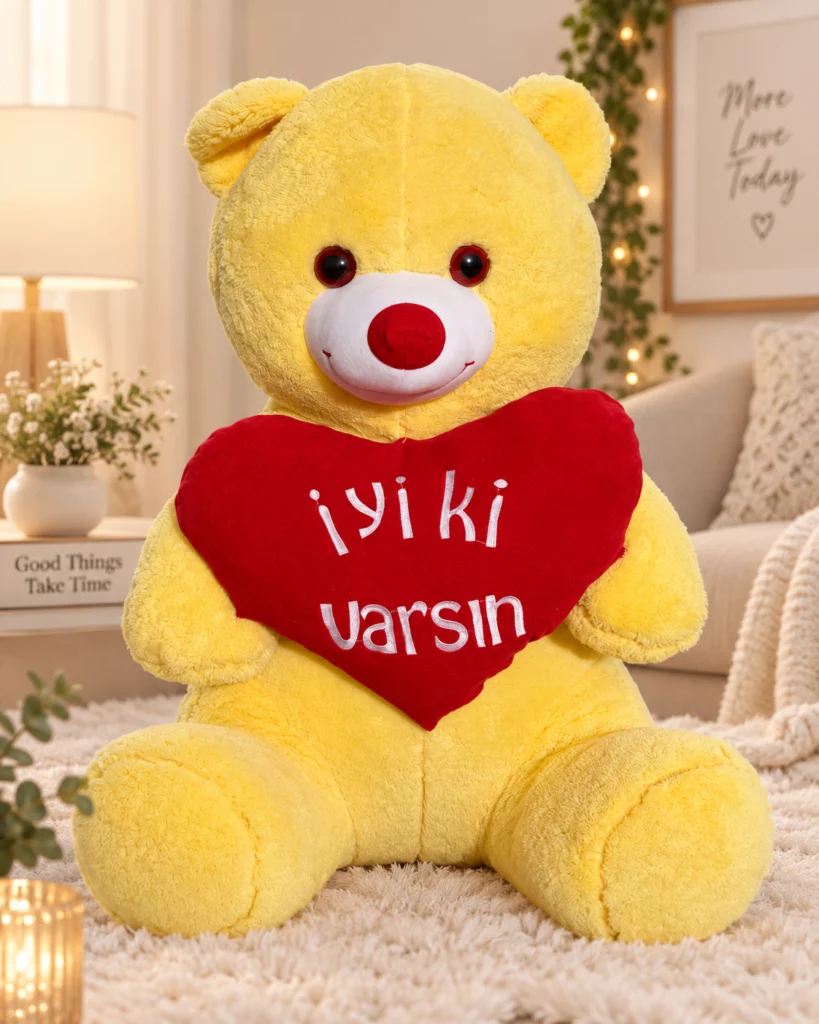 toptan sarı ayıcık 65 cm iyiki varsın kalpli önden görünüm