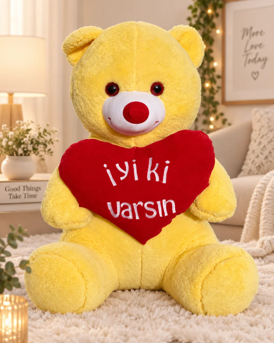 toptan sarı ayıcık 65 cm iyiki varsın kalpli önden görünüm