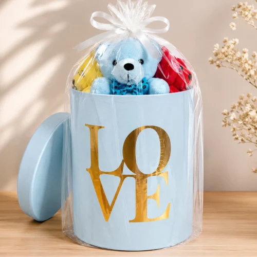 Mavi peluş hediye kutusu renkli mini ayıcıklar Love kutuda