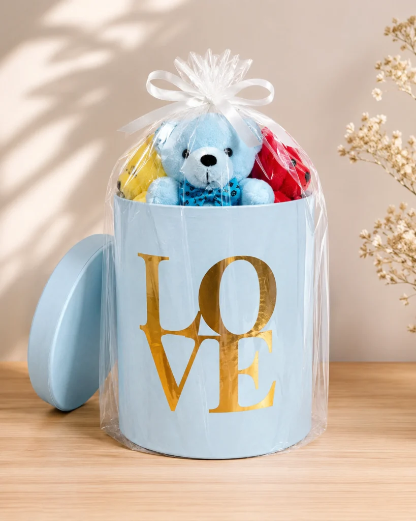 Mavi peluş hediye kutusu renkli mini ayıcıklar Love kutuda