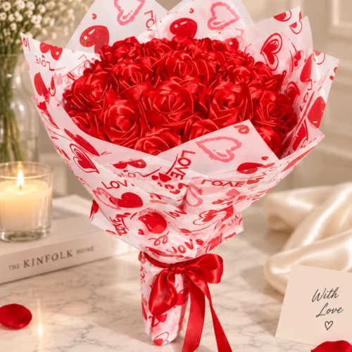 20 güllü kırmızı buket kurdele gül love baskılı ambalaj