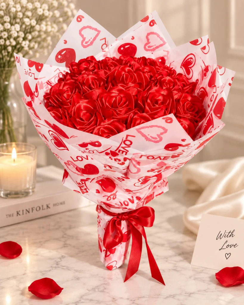20 güllü kırmızı buket kurdele gül love baskılı ambalaj