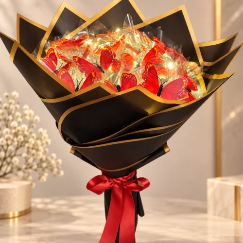 kırmızı kelebek buketi led ışıklı siyah gold ambalajlı ön görünüm