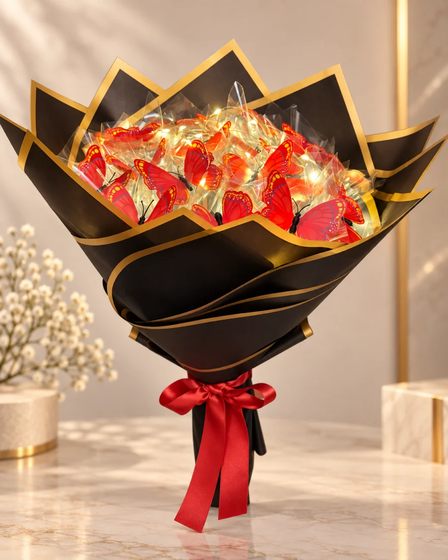 kırmızı kelebek buketi led ışıklı siyah gold ambalajlı ön görünüm