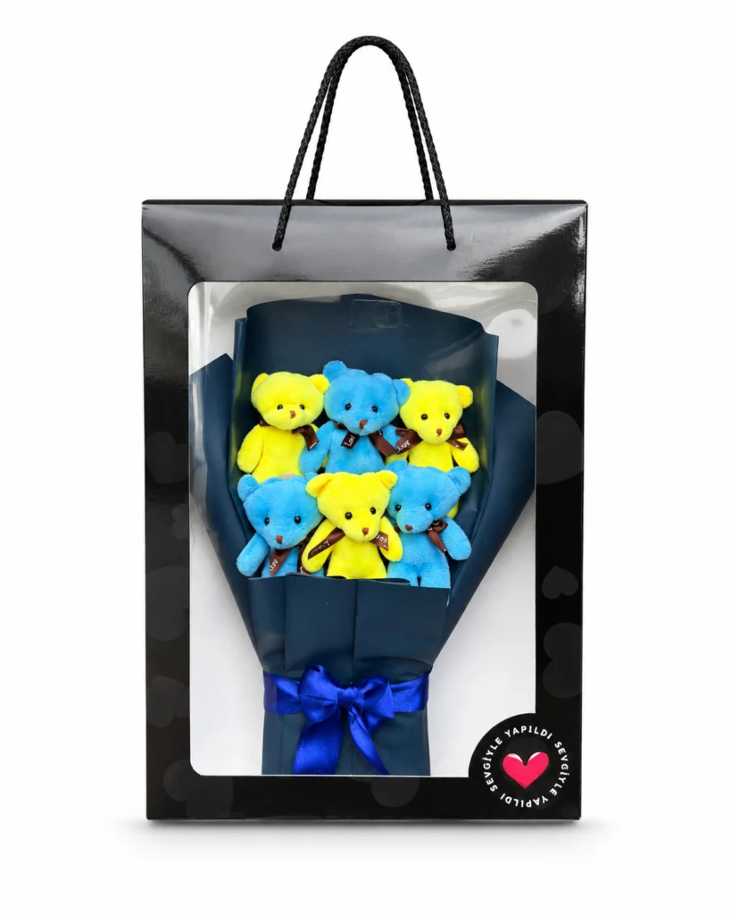 Toptan ayıcık buketi mavi sarı 6 mini peluş ayıcık