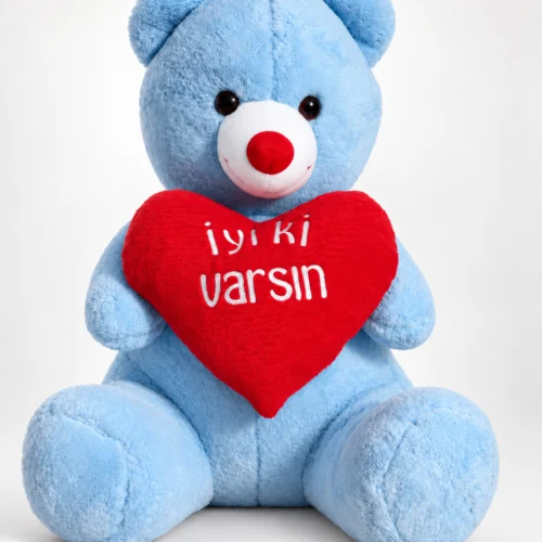 toptan kalpli ayıcık 65cm mavi iyiki varsın kırmızı kalpli