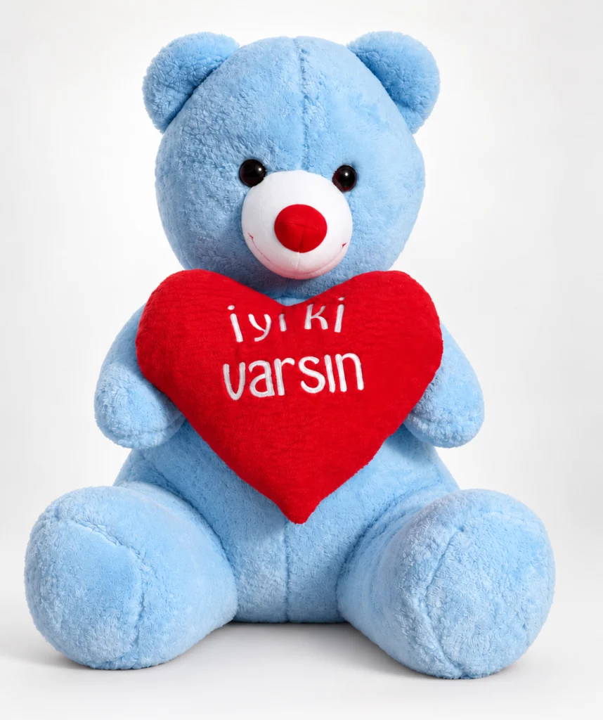 toptan kalpli ayıcık 65cm mavi iyiki varsın kırmızı kalpli