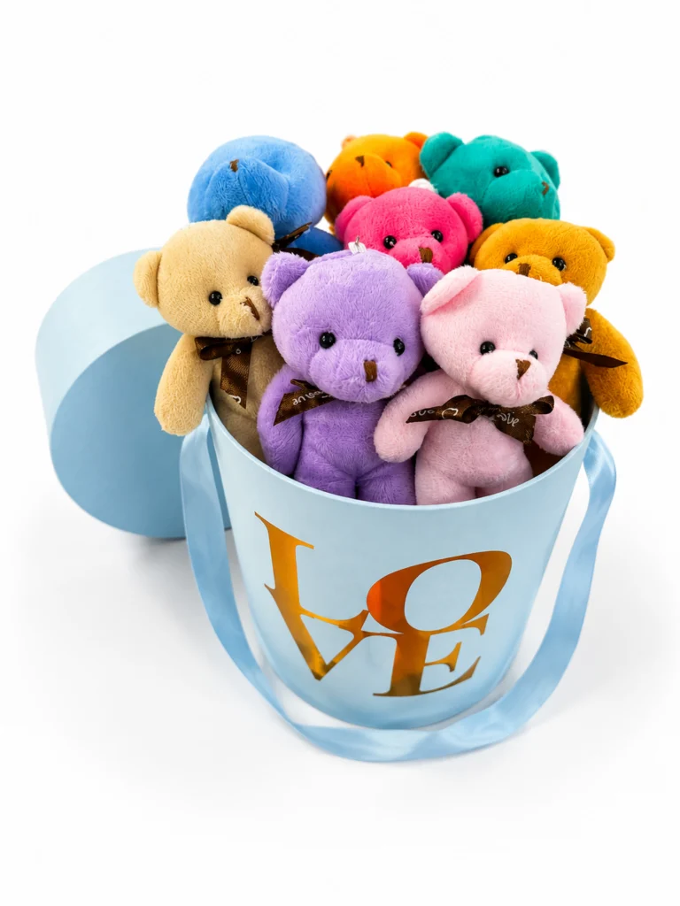 Toptan mini ayıcık mavi Love kutuda 8 adet renkli peluş ayıcık