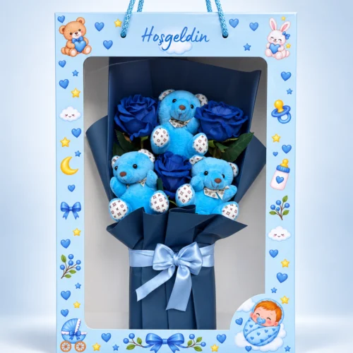 erkek bebek hediyesi ayıcıklı güllü buket özel kutuda