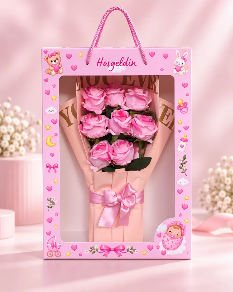 kız bebek hediyesi hoşgeldin kutusunda pembe gül buketi