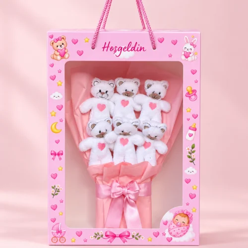 kız bebek hediyesi hoşgeldin kutuda beyaz ayıcıklı pembe buket