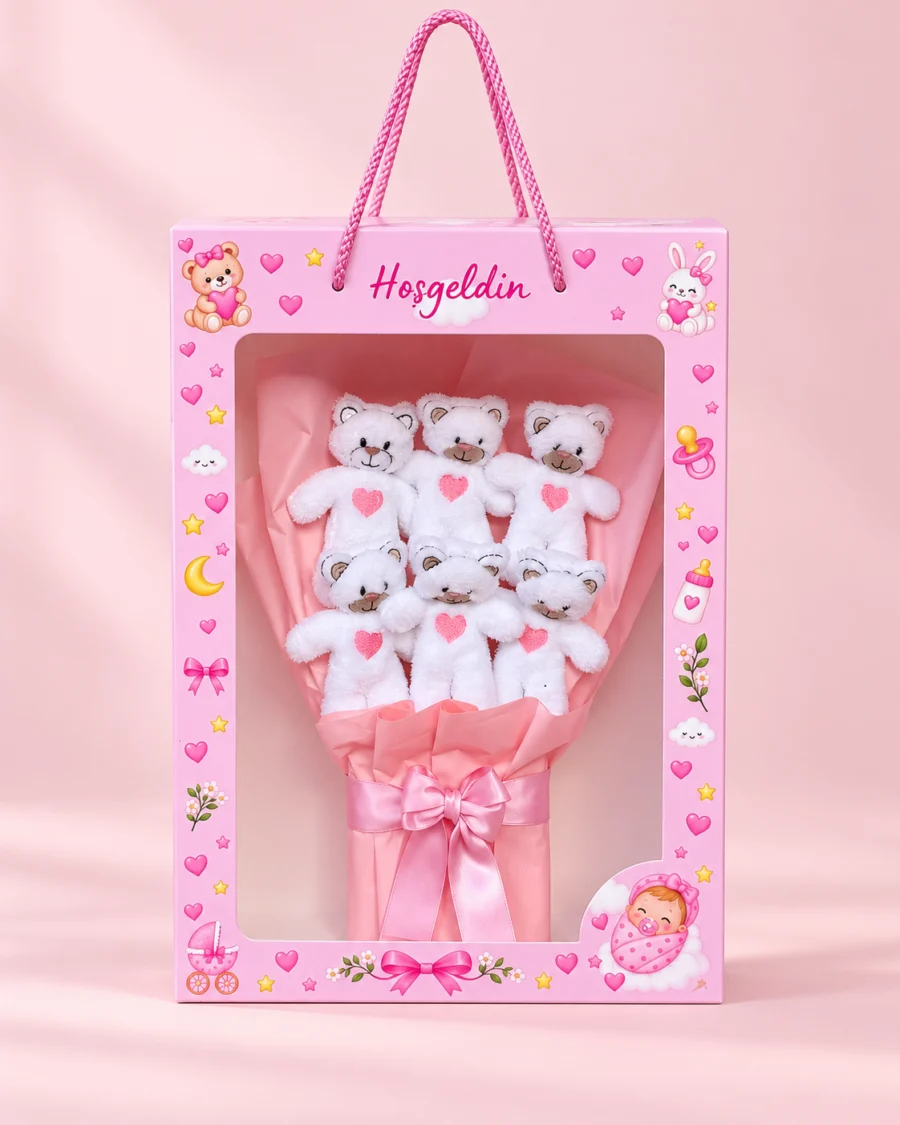 kız bebek hediyesi hoşgeldin kutuda beyaz ayıcıklı pembe buket