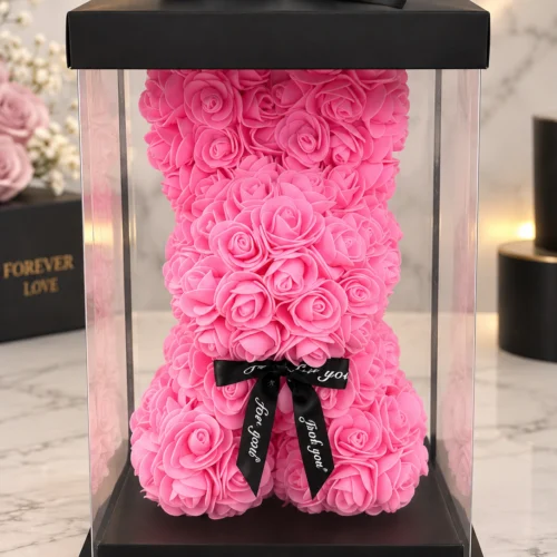 Toptan pembe güllü tavşan siyah kurdeleli şeffaf kutu