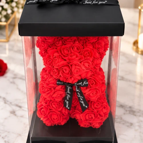 Toptan kırmızı rosebear ayıcık siyah kurdeleli kutulu görünüm