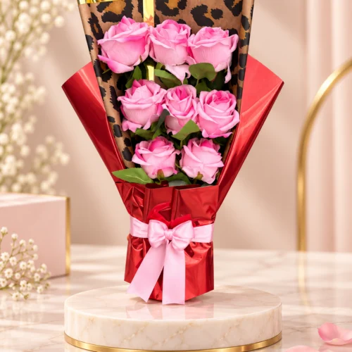 Pembe yapay güllü hediyelik buket toptan satış görseli