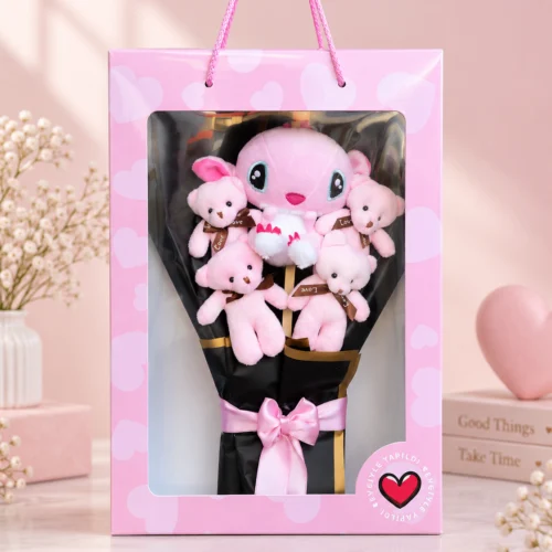 pembe kutulu peluş buket mini ayıcıklar