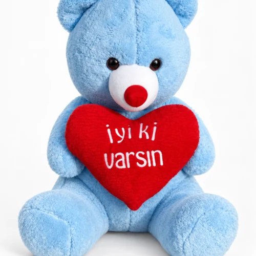 65 cm mavi kalpli peluş ayıcık iyiki varsın ön görünüm