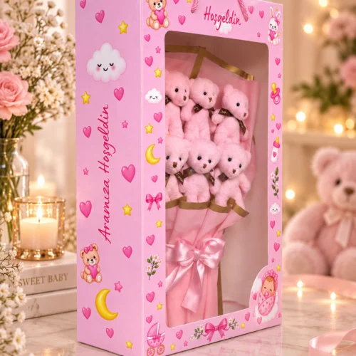 kız bebek hediyesi pembe ayıcıklı buket kutu yan görünüm