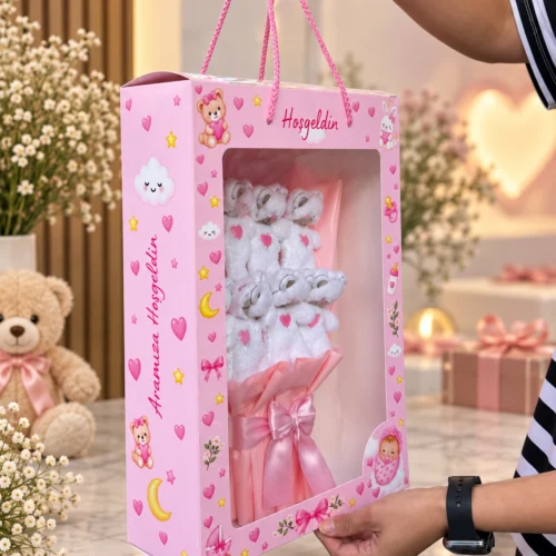 toptan kız bebek hediyesi ayıcıklı buket taşıma kutusu yan görünüm