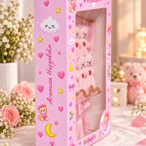 kız bebek yeni doğan hediyelik pembe ayıcıklı buket yan görünüm