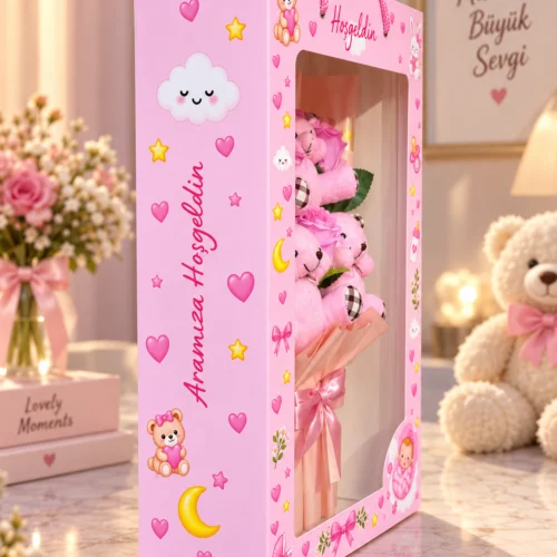 Toptan kız bebek hediyesi özel kutulu ayıcıklı buket yan görünüm