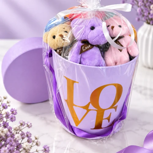 Toptan 8 mini ayıcık mor Love kutu ambalajlı görünüm