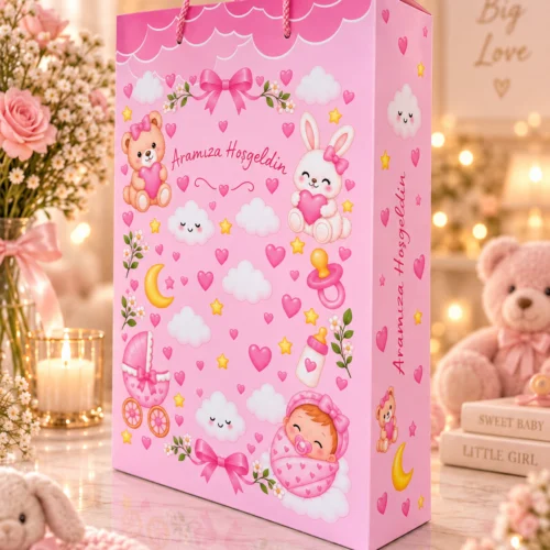 kız bebek hediyesi aramıza hoşgeldin pembe özel kutu arka görünüm